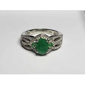 Size 7 Socoto Emerald & Zircon Ring (2.1 ctw) in Platinum over Sterling Silver
